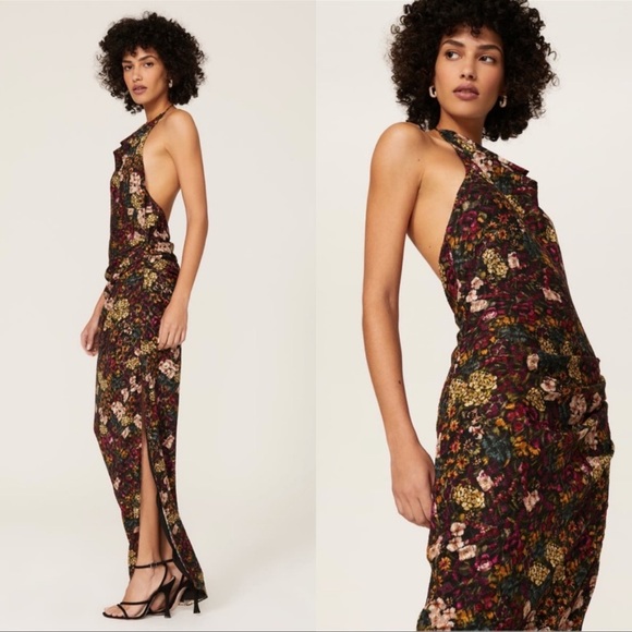 Amanda Uprichard Elektra Backless Gathered Side Slit Gown S Halter Maxi Floral - Picture 2 of 13